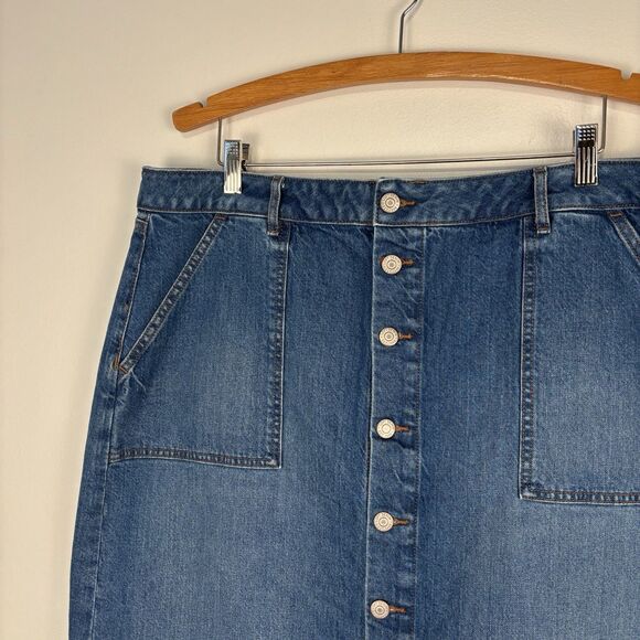 Loft Womens 18 Denim Jean Button Front Straight Midi Skirt Modest - Picture 2 of 6